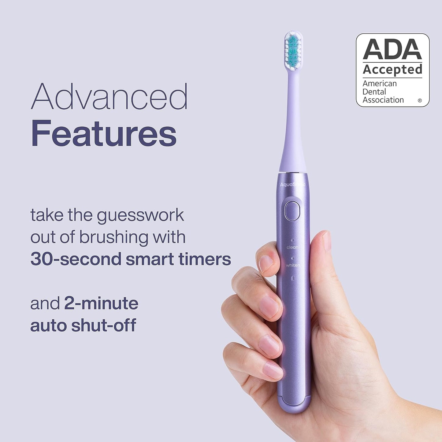 Aquasonic Icon ADA-Accepted Rechargeable Toothbrush | Magnetic Holder & Slim Travel Case | 2 Brushing Modes & Smart Timers | Gentle Micro-Vibrations (Lilac)-BrightBean Baby