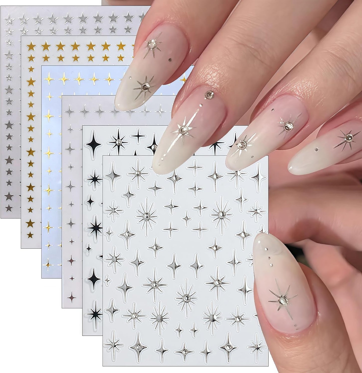 6Sheets Rhinestones Star Nail Art Stickers,3D Self-Adhesive Glitter Gold Silver White Black Stars Nail Art Design Decals Star Stickers for Acrylic Nails Art for Women Girls DIY Manicure Decorations-BrightBean Baby
