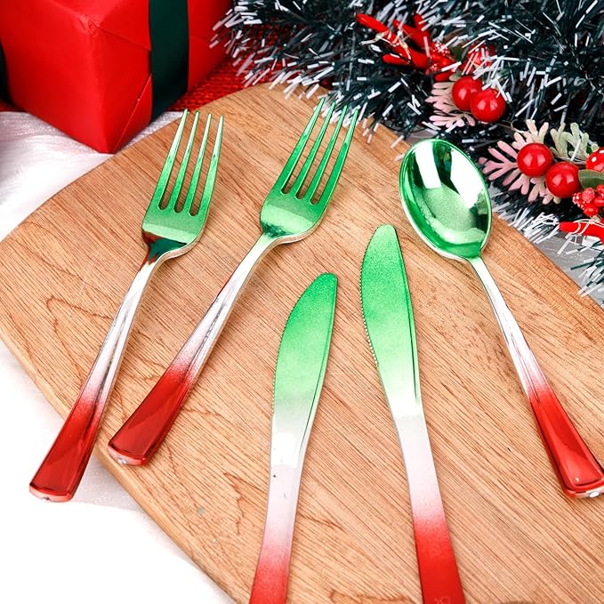 LIYH 120 Pcs Christmas Plastic Silverware - Green and Red Plastic Silverware for Xmas, Gold Cutlery Disposable for Christmas Day Holiday, Gathering
