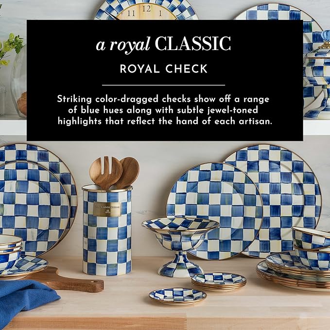 MACKENZIE-CHILDS Enamel Salad Serving Set, Enamel Bowl and Wooden Salad Servers, Decorative Kitchen Set, Blue-and-White Royal Check