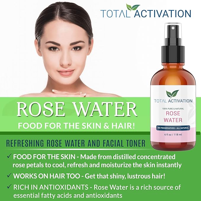 Large 4 oz 100% Pure, Organic Moroccan Rose Water Spray Face Toner, Skin Body Hair Spray, Eye Makeup Remover Alcohol Free Toner Minimizes Scar Hydrating Soothing Mist for Dry Oily Combination Skin-BrightBean Baby