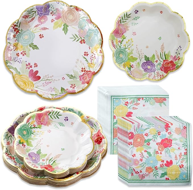 Kate Aspen Garden Blooms 62pc Paper Plates Napkins, 16pcs 7 inch & 16pcs 9 inch Heavy Duty Disposable Party Plates, 30pcs 6.5 inch Durable Paper Napkins for Bridal Shower, Baby Shower, Wedding Party