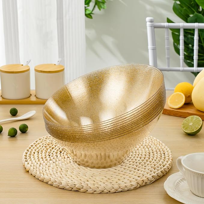 BESTVIP 54oz Clear with Gold Glitter Serving Bowls for Party - 12 Pack Angled Disposable Serving Bowls for Chips, Snacks, Fruit, Salad - Decorative Catering Bowls for Daily Use,Halloween, Christmas