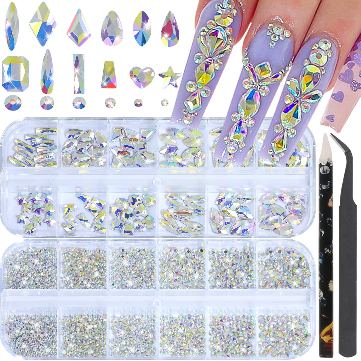 HNUIX Nail Rhinestones - 3D Multi Shape Size, AB Crystal Nail Gems and Charms, Flat Back, with Kit, for Nail Art, DIY Decorations-BrightBean Baby