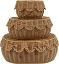 3 Pcs Wicker Storage Baskets with Lid Hand Woven Plastic Wicker Set Round Scalloped Organizer Box Natural Woven Storage Bins for Picnic,Bread,Eggs,Fruits