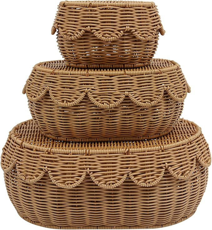 3 Pcs Wicker Storage Baskets with Lid Hand Woven Plastic Wicker Set Round Scalloped Organizer Box Natural Woven Storage Bins for Picnic,Bread,Eggs,Fruits