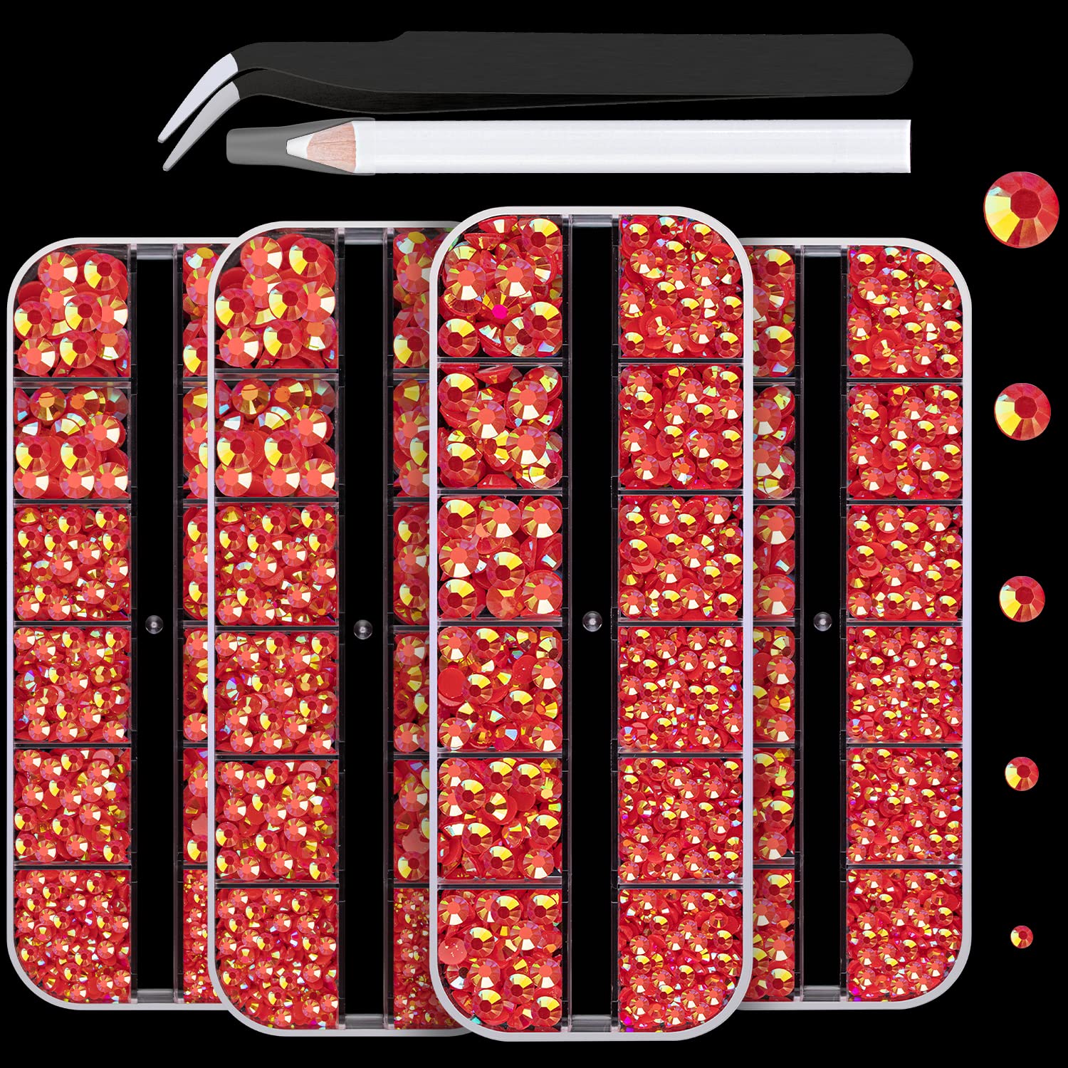 7000PCS Resin Rhinestones with Tweezers for Crafting, 2/3/4/5/6mm Flatback Jelly Rhinestones, 4 Box Red AB Non Hotfix Crystal Gems for DIY Crafts Mugs Tumblers Clothes Makeup Nail-BrightBean Baby