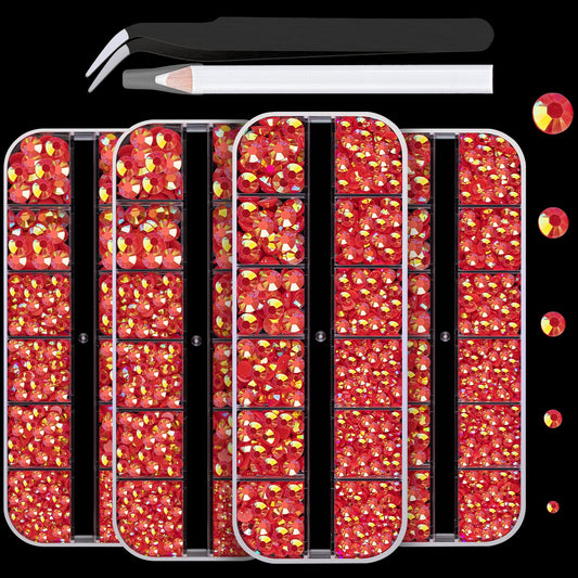 7000PCS Resin Rhinestones with Tweezers for Crafting, 2/3/4/5/6mm Flatback Jelly Rhinestones, 4 Box Red AB Non Hotfix Crystal Gems for DIY Crafts Mugs Tumblers Clothes Makeup Nail-BrightBean Baby