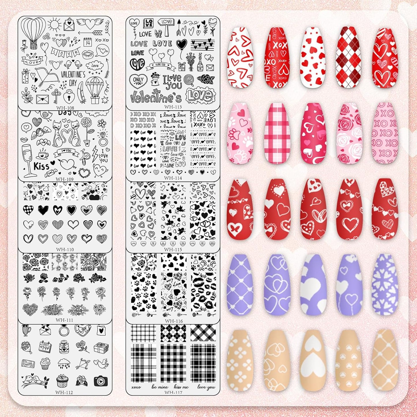 Whaline 10Pcs Valentine's Day Nail Art Stamping Plate Kit Romantic Love Heart Rose Design Nair Art Plate for Wedding Anniversary DIY Print Manicure Salon-BrightBean Baby