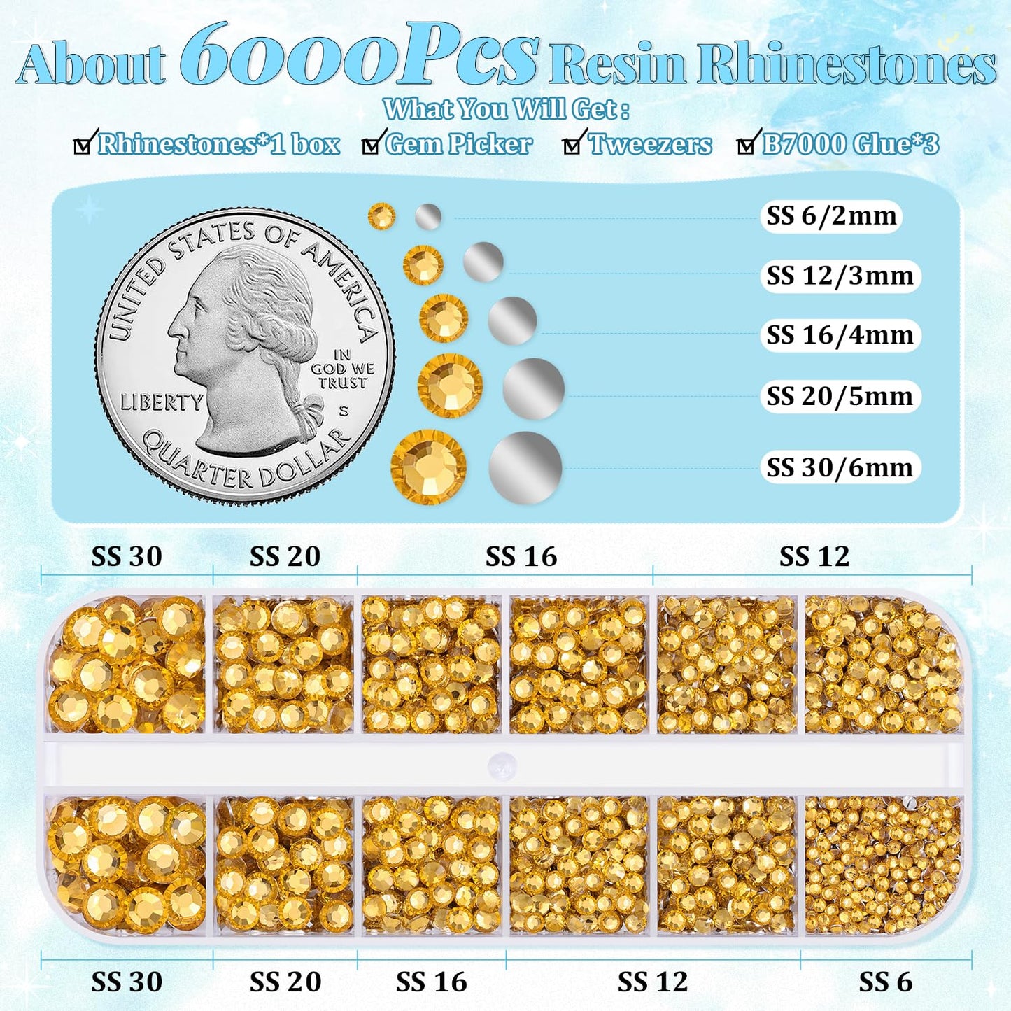 6000Pcs Resin Rhinestones for Bedazzling with 3Pcs B7000 Jewelry Glue, 1 Box Golden Flatback Rhinestones for Crafting Crafts DIY, Crystals Gems for Clothing Shoes Tumblers Nail Art Makeup-BrightBean Baby