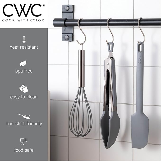 COOK WITH COLOR Stainless Steel Silicone Tipped Kitchen & BBQ Tongs Set, 3 Pc Utensils, Grey