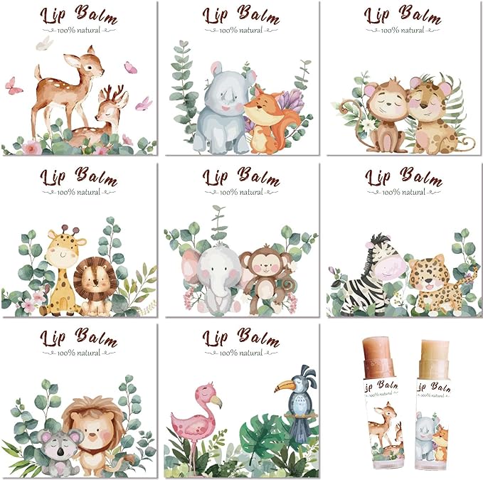 CRASPIRE 80Pcs 8 Styles Lip Balm Sticker Animals Self-Adhesive Cartoon Monkey Lion Homemade Lip Balm Containers Labels Vintage Square DIY Label Paper Sticker for Woman Cosmetics Lipsticks Decor-BrightBean Baby