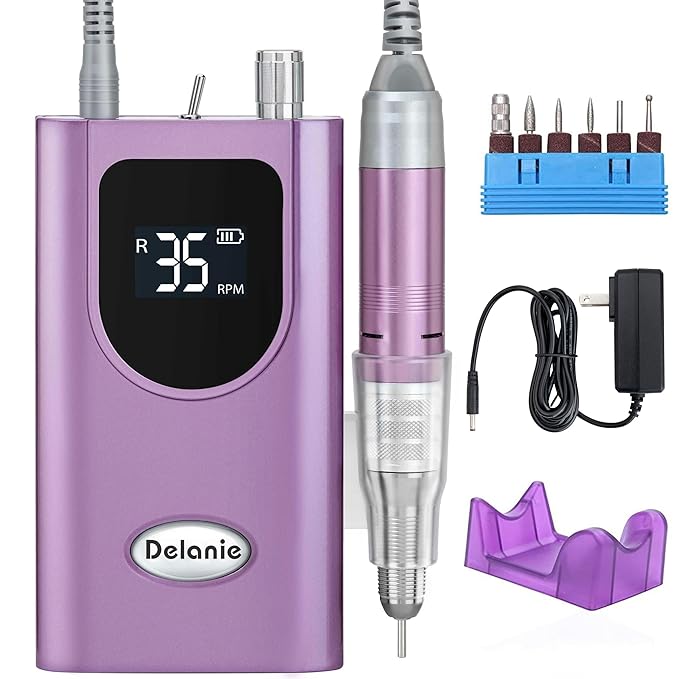 Delanie Professional Nail Drill High Torque 35000 RPM Rechargeable Portable Electric Nail File Filer for Acrylic Gel with Cuticle Bits, Salon Manicure Tool, Purple-BrightBean Baby