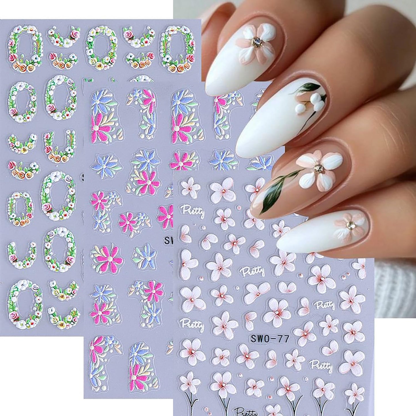 6 Sheets Flower Nail Art Stickers Rose Daisy Nails Art Decals 3D Self-Adhesive Nails Sticker Holographic Stereo Blossom Decal Decoration for Women Wreath Manicure Stickers DIY Nail Supplies-BrightBean Baby