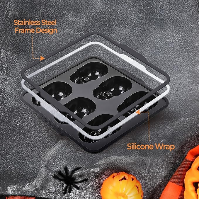 Metal Framed Silicone Skull Cake Pan - 6 Cavity Skull Baking Pan & Silicone Mold for Halloween Parties & Baking Fun | Food-Safe Non-Stick Ice Cube Tray, Cupcake Maker