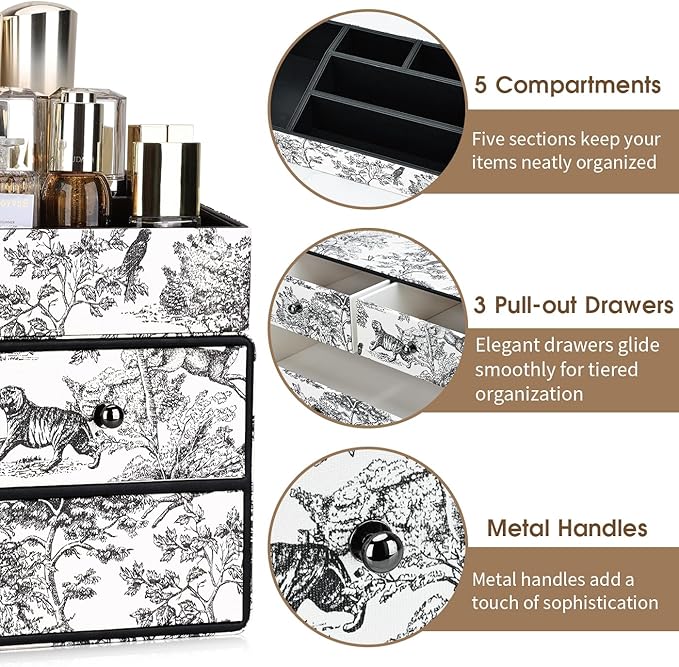 GORESE Leather Makeup Organizer with 3 Drawers for Vanity, Stackable Skincare Holder Dresser Organizer Countertop, Make Up Storage Organizers Counter Cosmetic Display Case Gift for Women(Retro Black)-BrightBean Baby