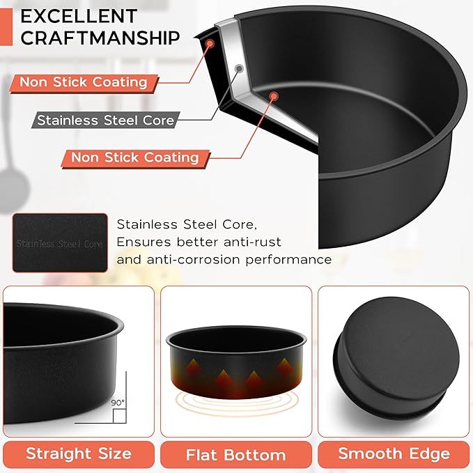 Onader 6 Inch Small Cake Pans Sets of 3 for Baking, Round Smash Cake Baking Pans for Birthday Wedding, Stainless Steel Core with Nonstick Coating
