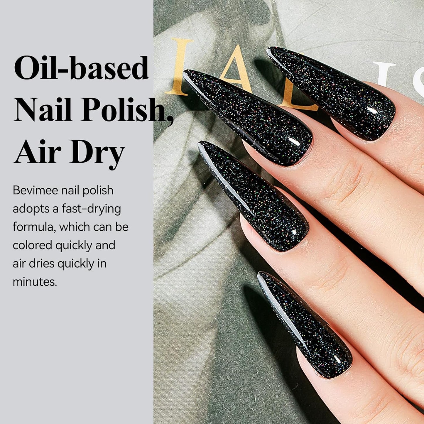 Nail Polish Quick Dry, Black Glitter Nail Lacquer Air Fast Drying, Sparkle Mooncat Nail Pigment Oil-based High Coverage Holographic Fingernail Concealer Polish, 1PC 12ML Long Wear-BrightBean Baby