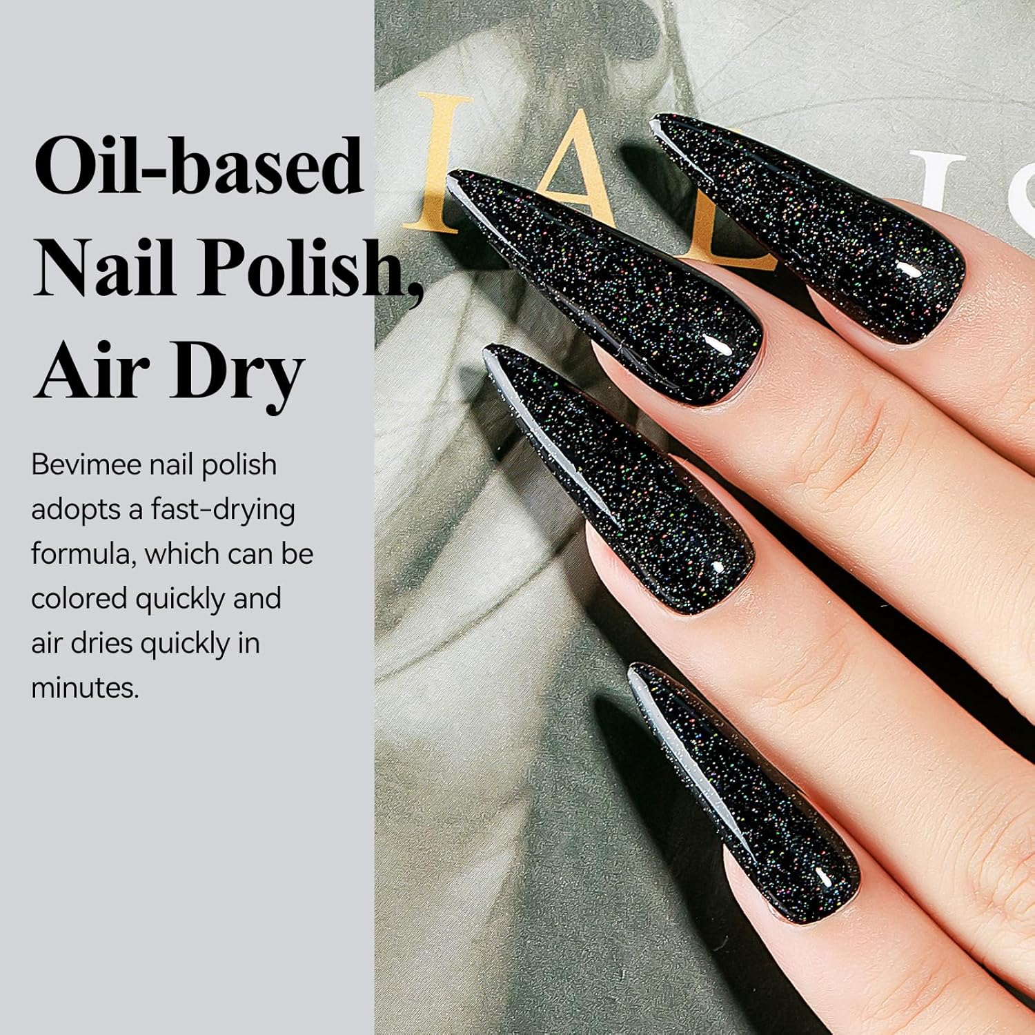 Nail Polish Quick Dry, Black Glitter Nail Lacquer Air Fast Drying, Sparkle Mooncat Nail Pigment Oil-based High Coverage Holographic Fingernail Concealer Polish, 1PC 12ML Long Wear-BrightBean Baby