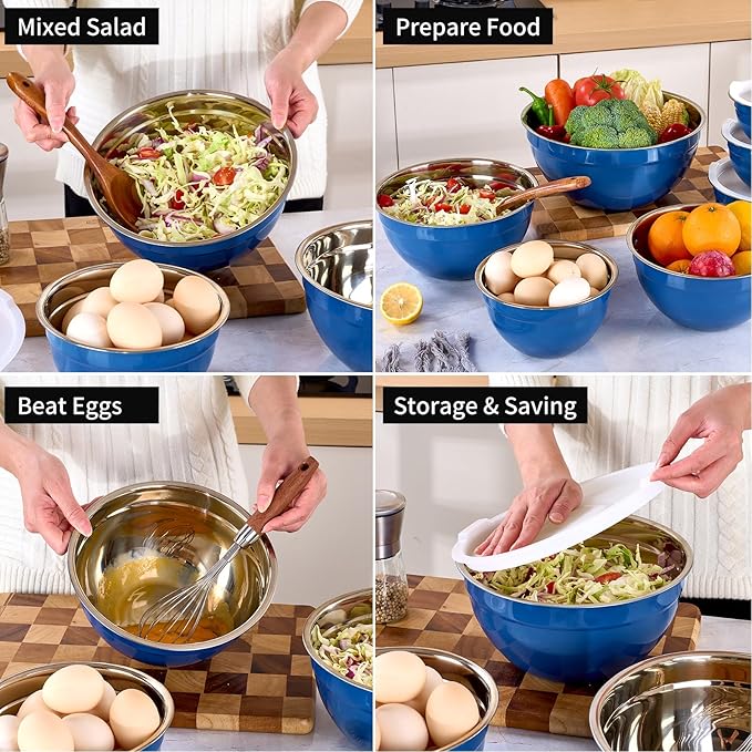 Blue Mixing Bowls with Lids Set of 7, Stainless Steel Nesting Bowl with Khaki Lid for Non-slip Mixing Prepping Storing Serving, 7 Sizes-7/3.6/2.7/2.1/1.5/1/0.8 QT