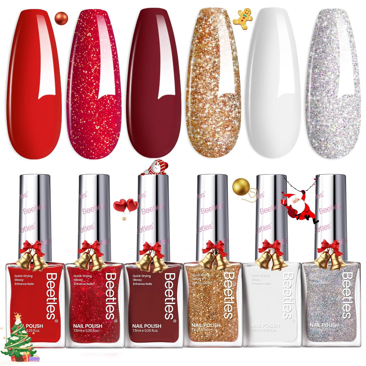 Beetles Red Nail Polish: 6Pcs Glitter Burgundy Red Sparkle Nail Polish Set, Quick Dry & Long Lasting Brilliant Overture White Silver Diy 4th of July Nail Art Design Gifts for Women-BrightBean Baby