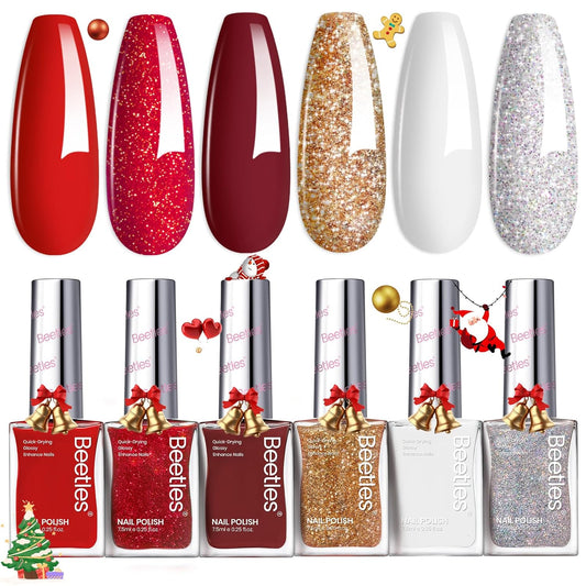 Beetles Red Nail Polish: 6Pcs Glitter Burgundy Red Sparkle Nail Polish Set, Quick Dry & Long Lasting Brilliant Overture White Silver Diy 4th of July Nail Art Design Gifts for Women-BrightBean Baby