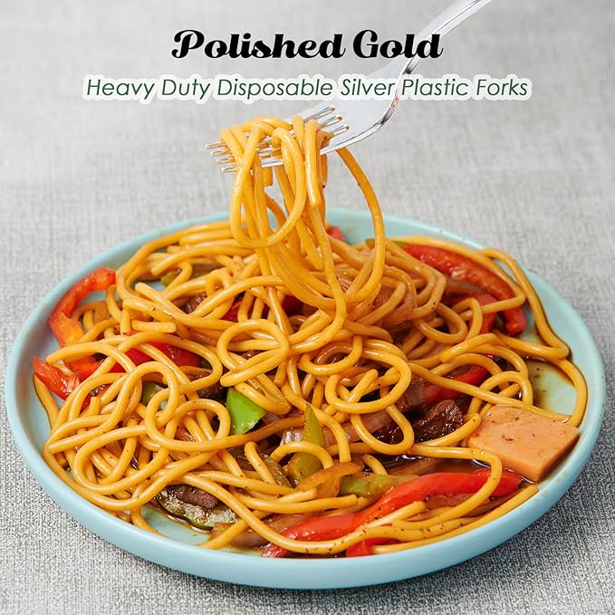 FOCUSLINE 300 Pack Disposable Silver Plastic Forks, Solid and Durable Plastic Cutlery Forks, Heavy Duty Disposable Utensil Silverware for Catering, Parties, Dinners, Weddings