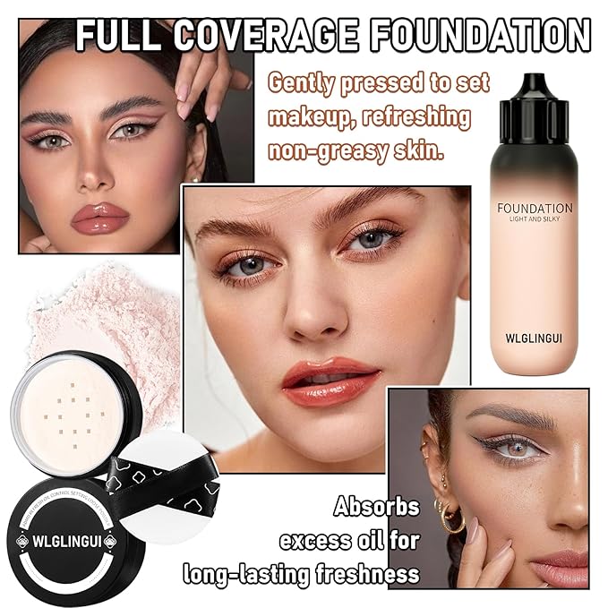 Full Coverage Liquid Foundation Makeup Set,Oil Control Concealer Long Lasting Waterproof Loose Setting Face Powder,Moisturizing BB Cream Set with Soft Makeup Sponge and Foundation Makeup Brush（4PCS）-BrightBean Baby