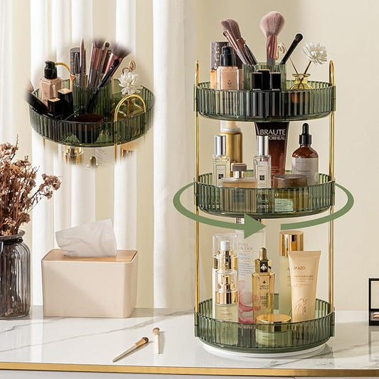 Rotating Makeup Organizer for Vanity, High-Capacity Skincare Clear Make Up Storage Perfume Organizers Cosmetic Dresser Organizer Countertop 360 Spinning (Green, New-3 Tier)-BrightBean Baby