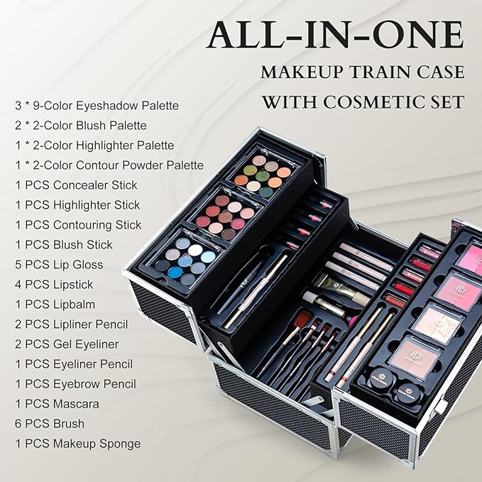 Color Nymph Makeup Sets for Teens Girls Women, Professional Makeup Kits All In One Makeup Set Storage Train Case, Beginner Full Cosmetics Kit with Eyeshadow Blush Lipstick Lipgloss Mascara etc Black-BrightBean Baby
