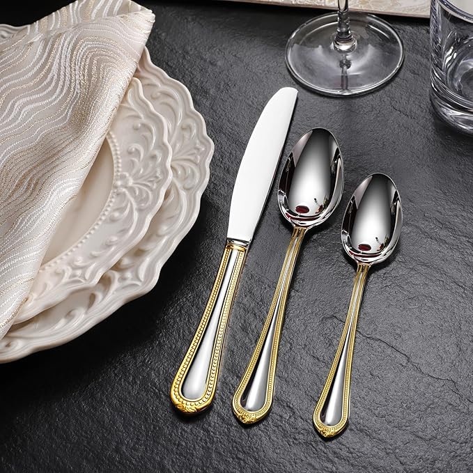 KEAWELL Pearl Edge 4-Piece Premium Spoon Set, 18/10 Stainless Steel, Fine Silverware Spoons with Refined Bead Design, Brightly Polished, Dishwasher Safe (Gold Accent, 7.56" Dinner Spoons)