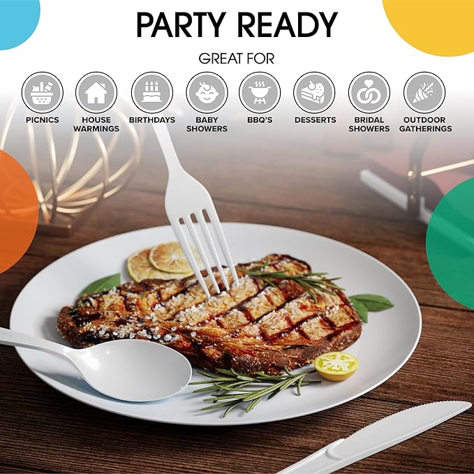 Party Solids White Plastic Silverware Heavy Duty 150 Pieces White Plastic Cutlery Sets, Utensil Sets, 50 Of Each Forks, Knives & Spoons Disposable Cutlery Set, Flatware Set For Party Supplies