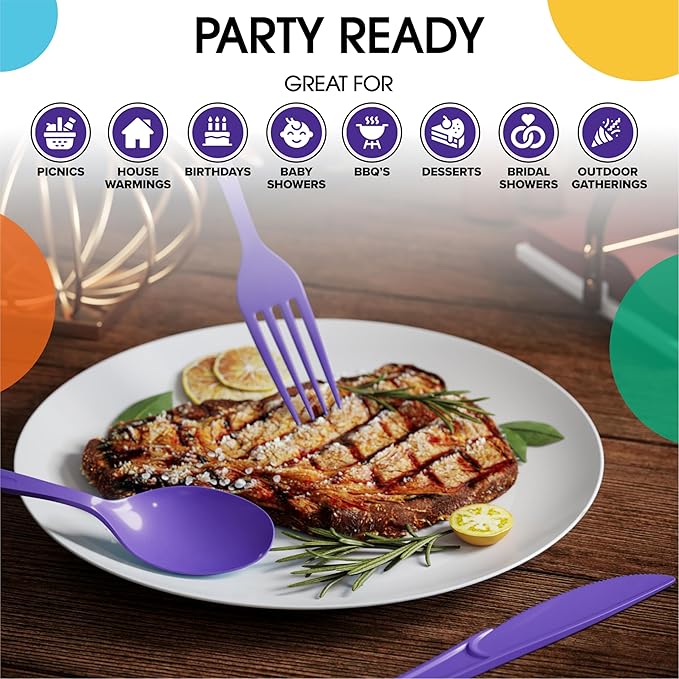 Party Solids Purple Plastic Silverware Heavy Duty 300 Pieces Purple Plastic Cutlery Sets, Utensil Sets, 100 Of Each Forks, Knives & Spoons Disposable Cutlery Set, Flatware Set For Party Supplies