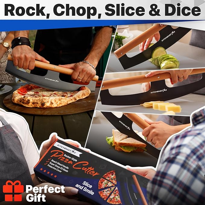 KitchenStar 16-Inch Pizza Cutter Rocker Blade - Razor Sharp Stainless Steel Slicer Knife, Stylish Beech Wood Handle, Protective Cover - Professional Pizza Oven Accessories, Black