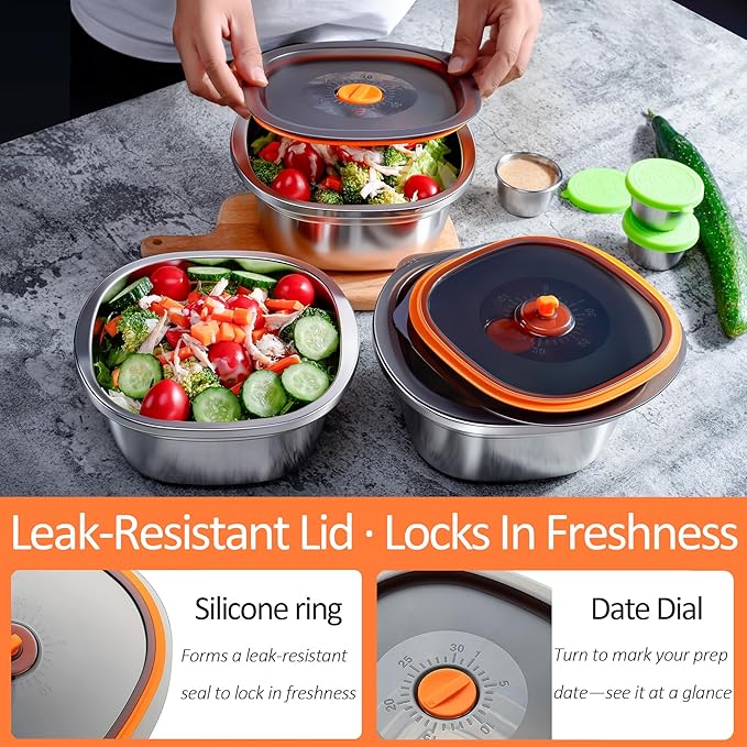 KTKUDY 3 Pack Stainless Steel Salad Bowls with Lids & Dressing Cups - 50 oz Leakproof Salad Containers for Meal Prep & Lunch To Go, Dishwasher Safe