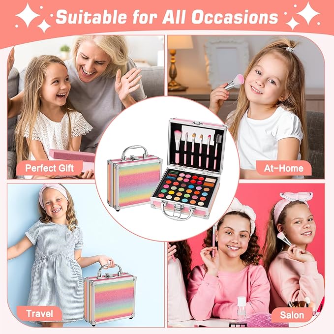 Anpro All-In-One Makeup Carry Case with Pro Teen Makeup Set, Full Starter Cosmetics Kit with Makeup Brushes, Eye Shadows Palette, Blushes, Glitter Gel, Temporary Tattoo Stickers - Colorful-BrightBean Baby