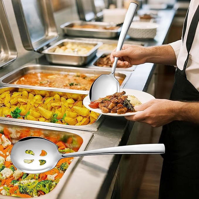 Extra Large Serving Spoons Set 11.7-Inch Serving Slotted Spoon x 2 Serving Spoon x 2, 18/8 Stainless Steel Big Serving Utensil for Buffet, Parties, Catering - Dishwasher Safe(4-Pack, Silver)