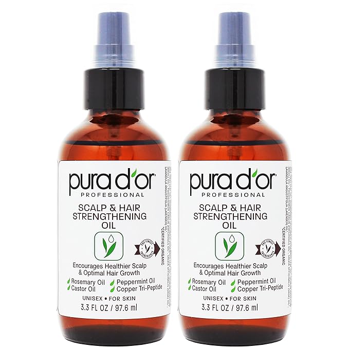 PURA D'OR Scalp & Hair Strengthening Oil (3.3oz x2 = 6.6oz) Supports Optimal Growth, Reduce Breakage, Nourish Roots for Healthier, Fuller, Thicker Hair - Rosemary, Castor & Peppermint Oil-BrightBean Baby
