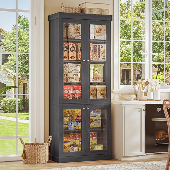 70.8" Tall Farmhouse Bookshelf with Glass Doors, Modular Bookcase with 6-Tier Adjustable Shelves, Large Storage Cabinet for Kitchen, Living Room, Black, Set of 2