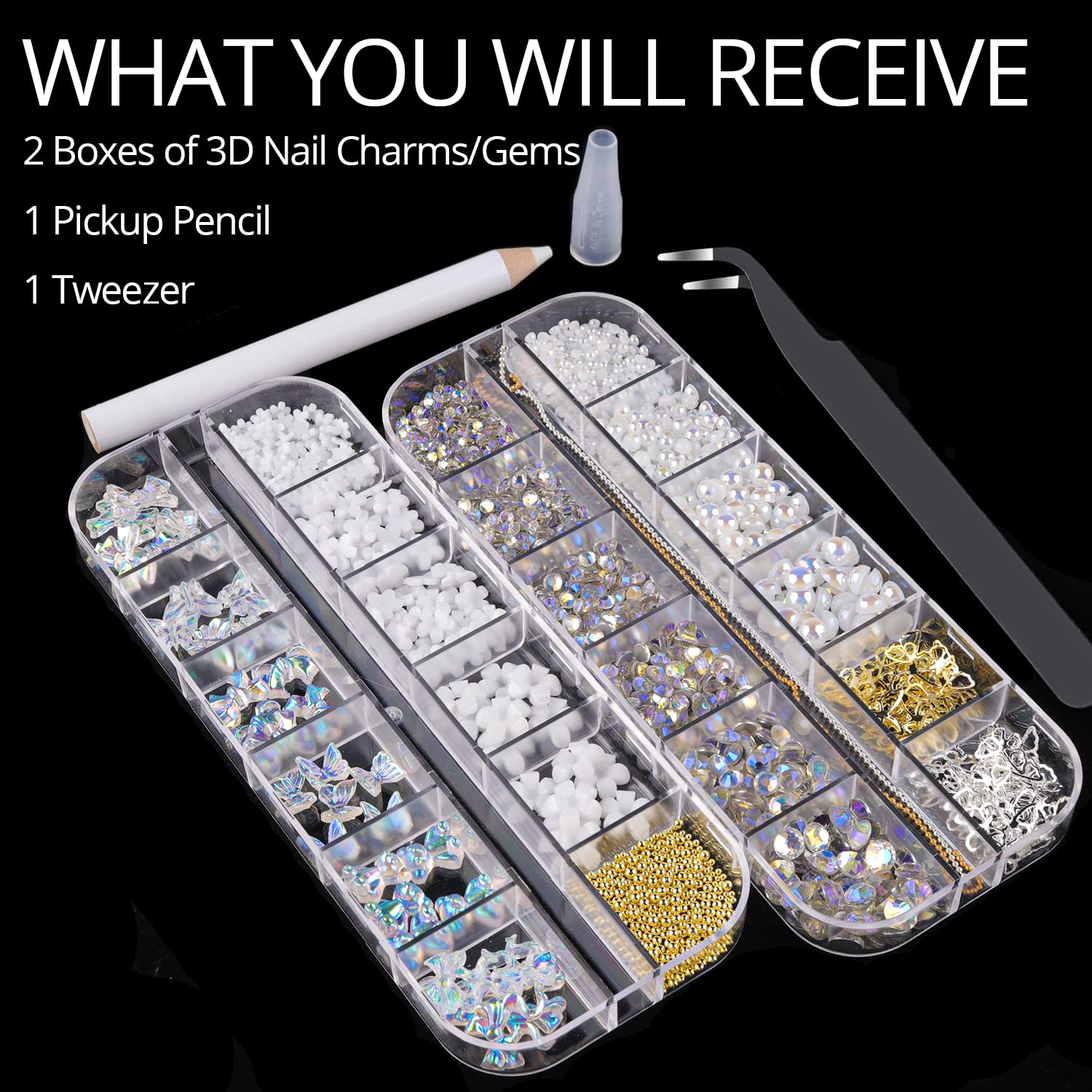 Mixed 3D Nail Art Gem Decoration Accessories Kit #8, Aurora Bear Bow Butterfly Starry AB Rhinestone Charm Jewelry for Deco, Pearl Flower Caviar Bead Stone Crystal with Pickup Pencil and Tweezer-BrightBean Baby