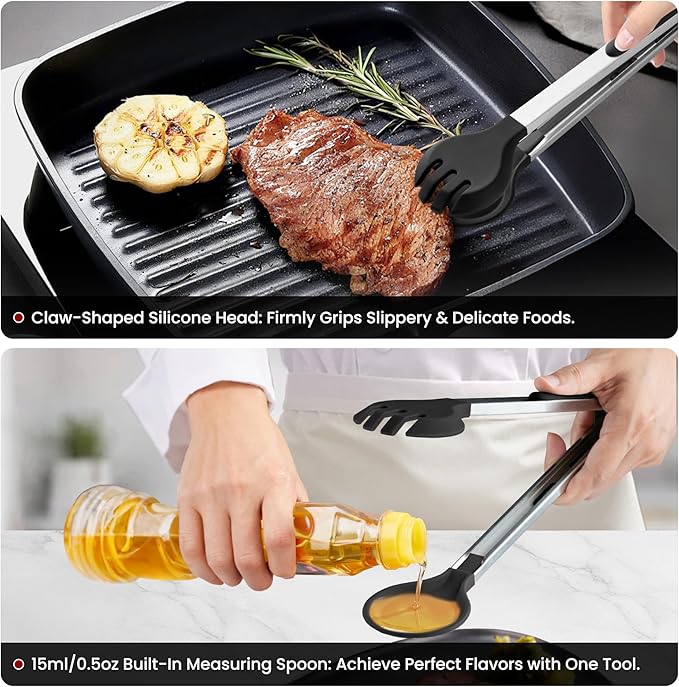 12 Inch Kitchen Tongs for Cooking, 600ºF Heat Resistant Cooking Tongs with Silicone Tip & Measure Spoon, 2-in-1 Silicone Tong for Tossing Salad, Serving Food, Non-Stick & Dishwasher Safe (Black)