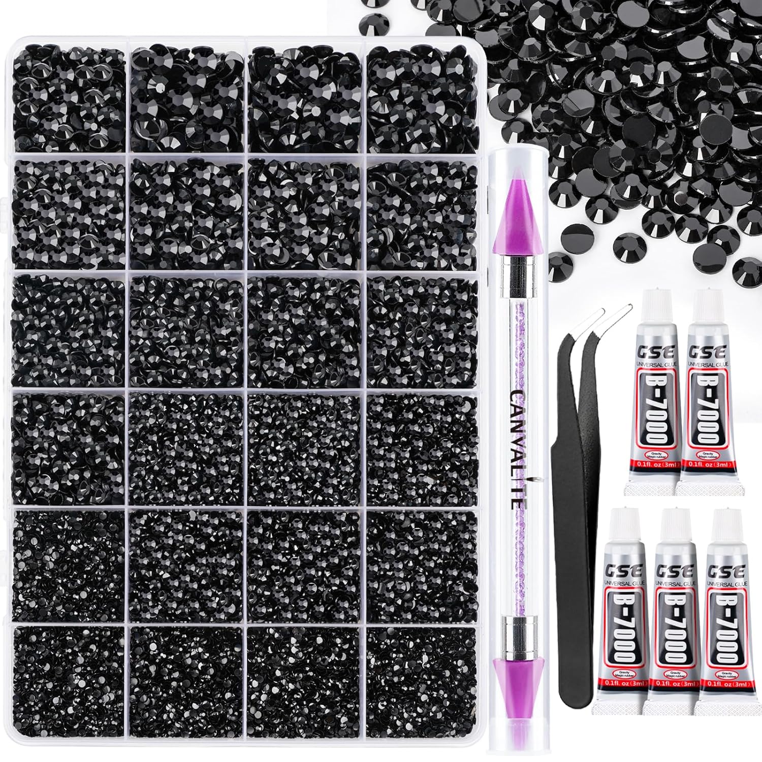 Canvalite 25000PCS Resin Jelly Rhinestones for Crafting, Black Flatback Gems, Bedazzling Crystal with 5x2.5g B7000 Jewelry Glue and Tweezers Dotting Pen for DIY Crafts Clothing Shoes Nail Art-BrightBean Baby