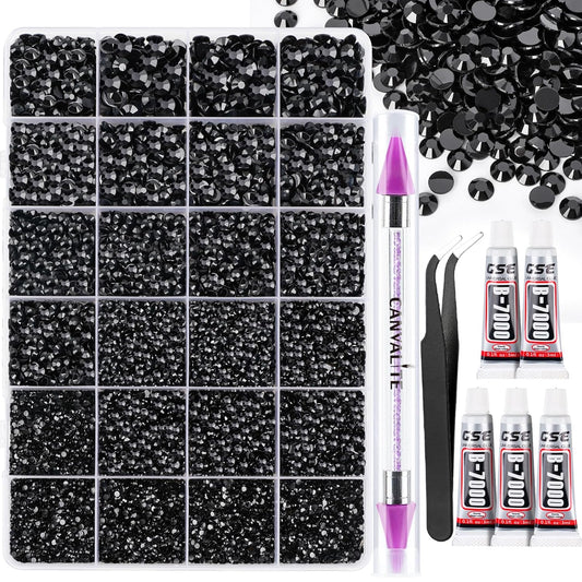 Canvalite 25000PCS Resin Jelly Rhinestones for Crafting, Black Flatback Gems, Bedazzling Crystal with 5x2.5g B7000 Jewelry Glue and Tweezers Dotting Pen for DIY Crafts Clothing Shoes Nail Art-BrightBean Baby
