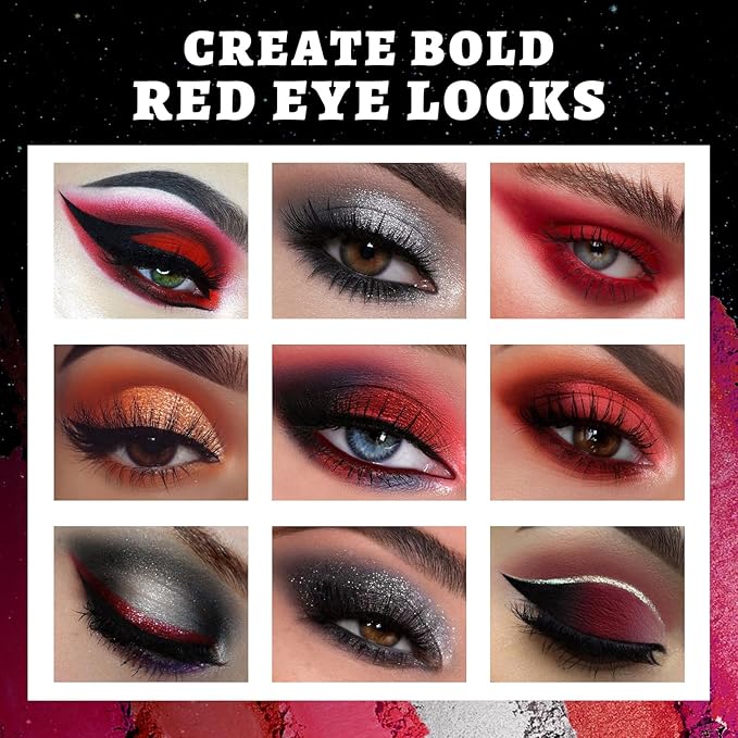 UCANBE Red Eyeshadow Makeup Palette, 15 Colors Burgunry Gray Silver Shimmer Matte Glitter Metallic Eye Shadow Pallet, Pigmented Make Up Kit for Halloween Parties Christmas Joker Vampire Clown-BrightBean Baby