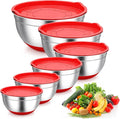 TeamFar Mixing Bowls, Red Mixing Bowls with Lids Set, Stainless Steel Nesting Salad Bowl with Air-tight Lid & Silicone Bottom, Non Slip & Stackable - Set of 6-4.6/2.6/2 / 1.5/1 / 0.7 Qt