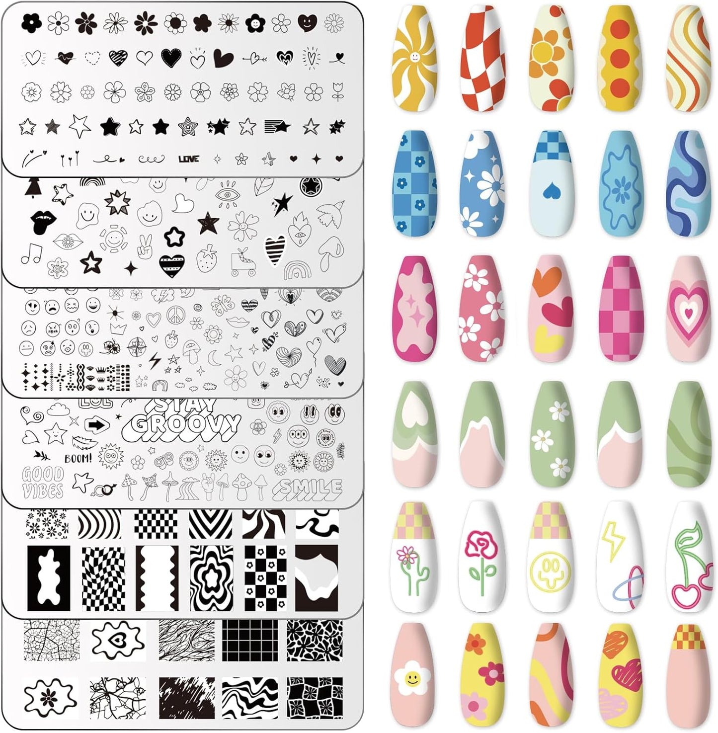 Whaline 6Pcs Preppy Nail Plates Stamping Set Heart Flower Butterfly Star Smiling Stamp Templates Groovy Nail Art Plates for DIY Print Manicure Salon Design Gift-BrightBean Baby