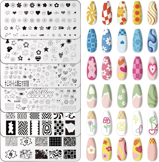 Whaline 6Pcs Preppy Nail Plates Stamping Set Heart Flower Butterfly Star Smiling Stamp Templates Groovy Nail Art Plates for DIY Print Manicure Salon Design Gift-BrightBean Baby