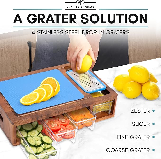 Acacia Cutting Board with Containers & Lids - Board Meal Prep System w 4 Graters, 2 Plastic Chopping Board for Meat, Juice Grooves & More - Cutting Board Prep Station for Kitchen