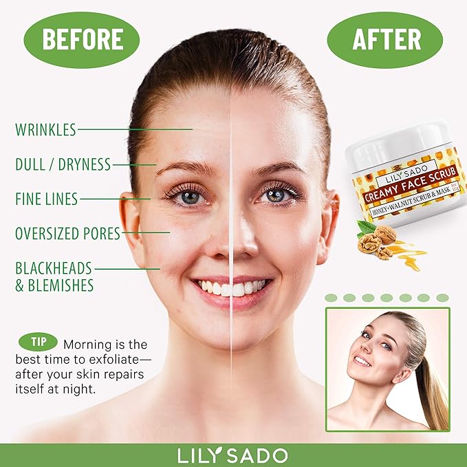 LILY SADO HONEY WALNUT Creamy Face Scrub - Best Exfoliating Facial Cleanser for Women & Men - Gently Exfoliates, Softens & Energizes Skin, Treats Acne, Reduces Pore Size - For All Skin Types - 4 oz-BrightBean Baby