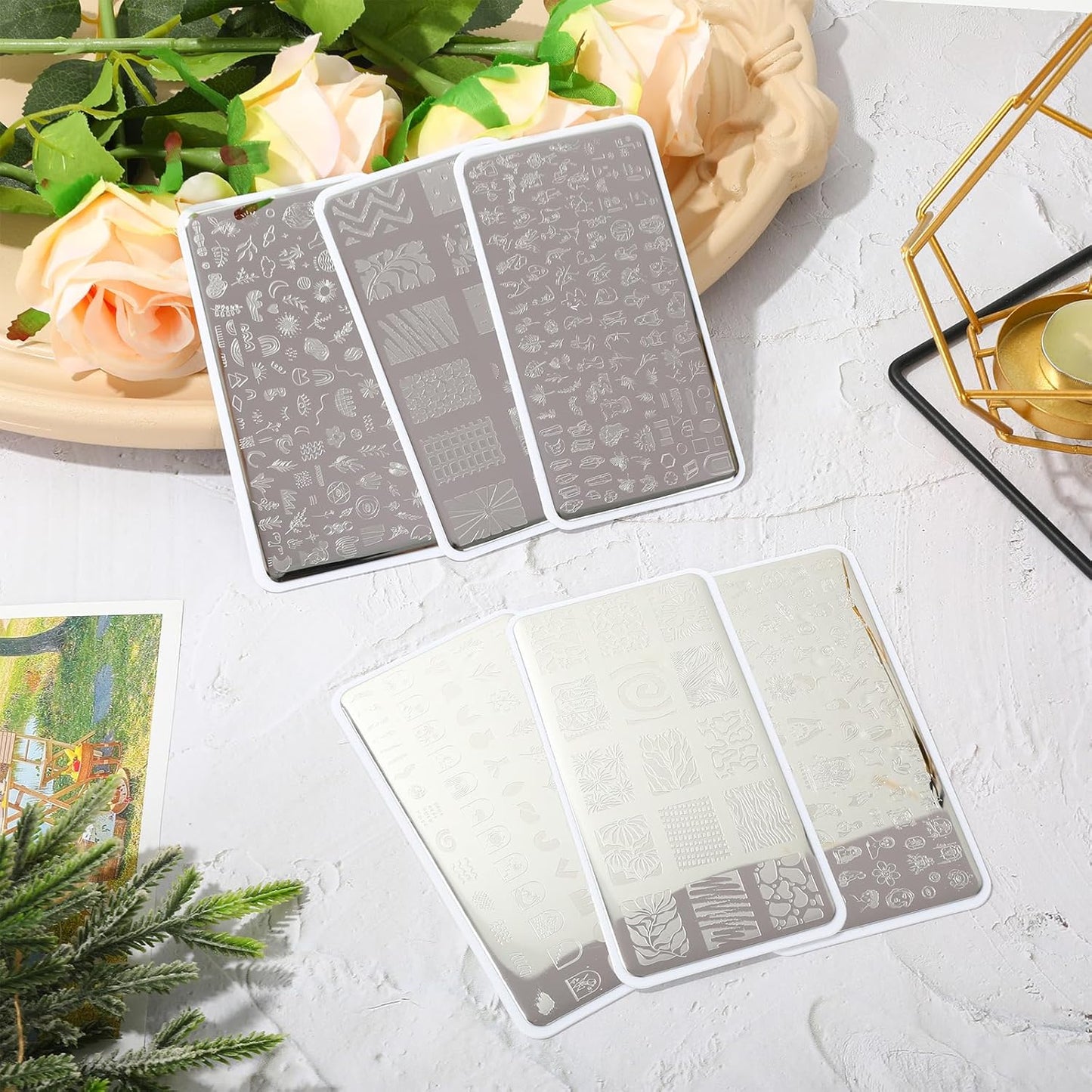 Whaline 6Pcs Abstract Lady Face Nail Plates Stamping Set Boho Plant Stamp Templates Nail Art Plates for DIY Print Manicure Salon Design Gift Supplies-BrightBean Baby